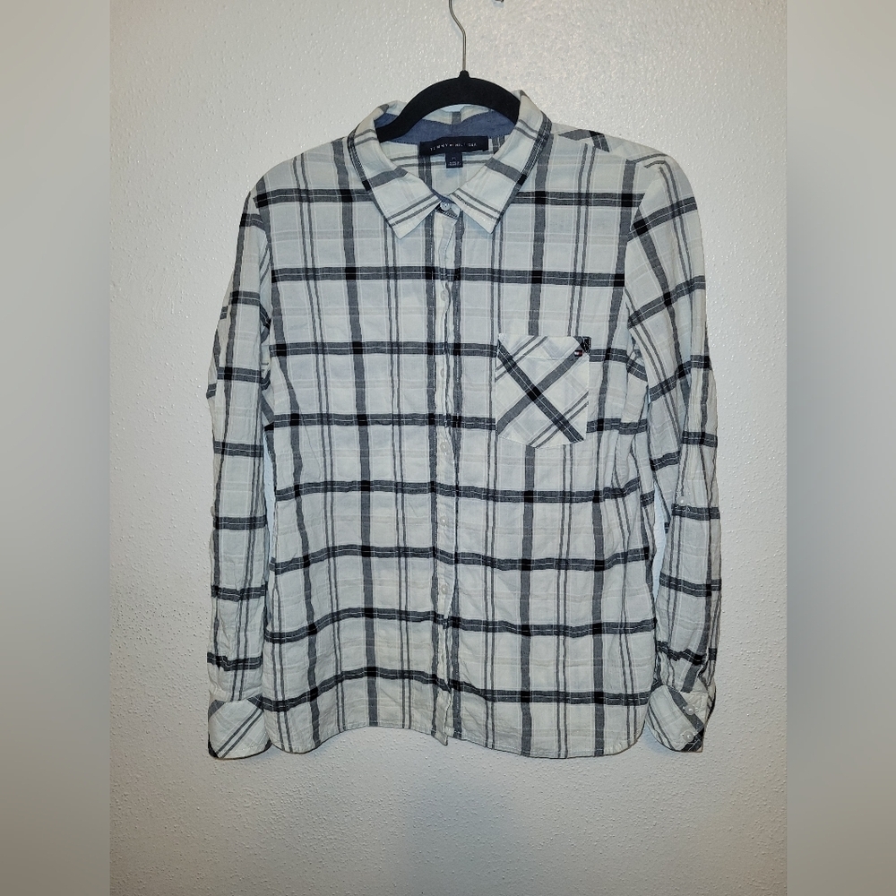 Tommy Hilfiger Womans Button Up White and Black Plaid Shirt Medium